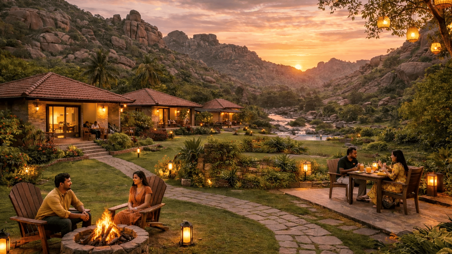 Resorts in Hampi for couples with scenic boulder landscape and golden hour views
