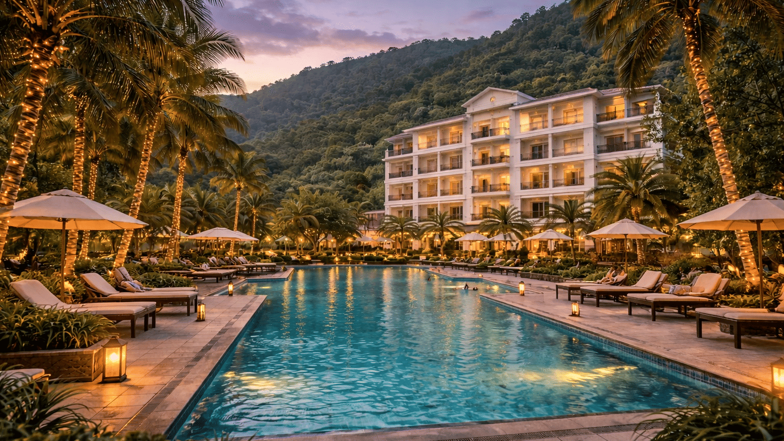 Resorts near Rishikesh with swimming pool surrounded by palm trees at dusk