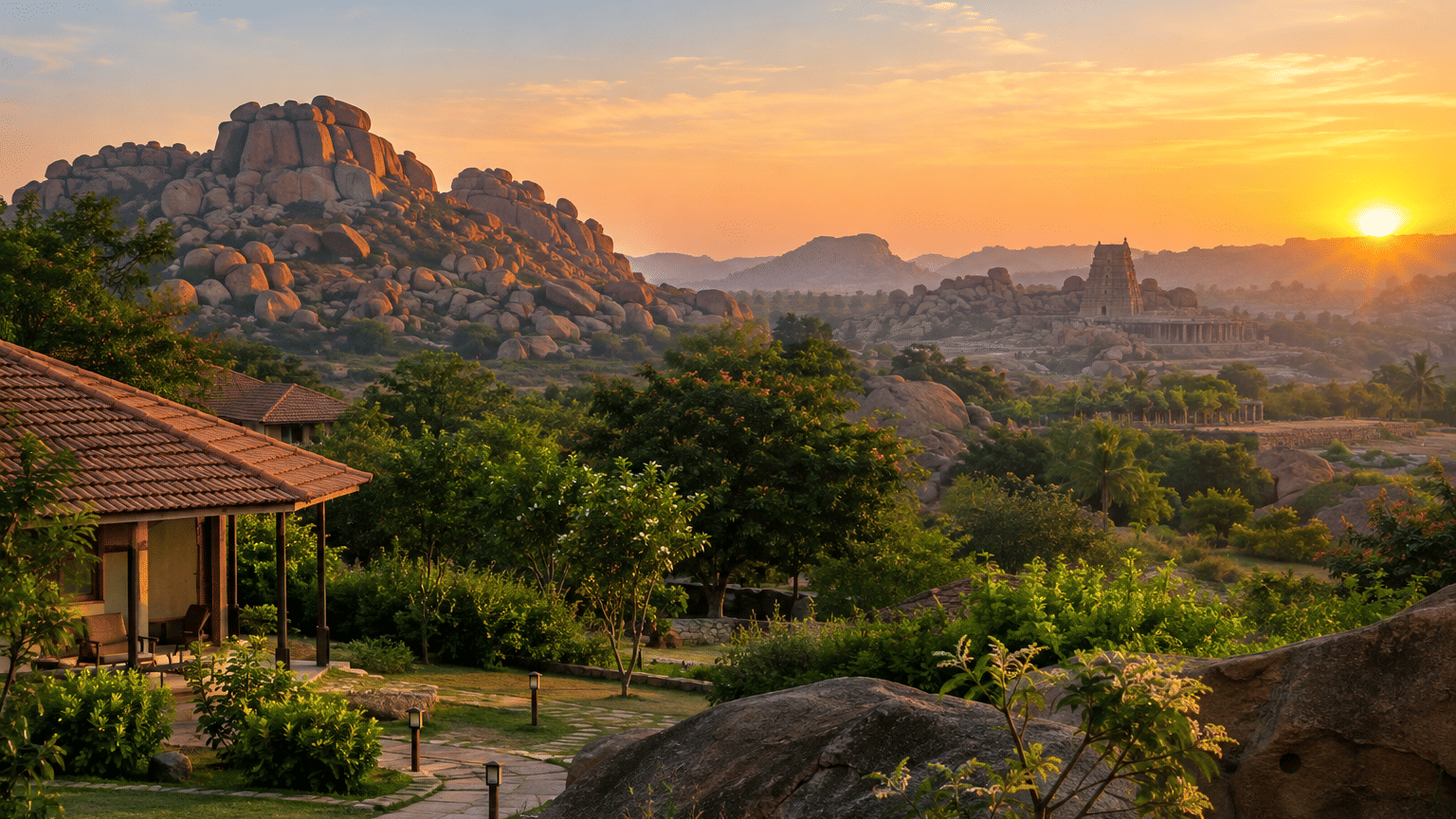 Where to stay in Hampi at Nature Trails Ashoka Resort with boulder landscape and Tungabhadra