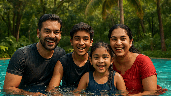 A happy family of four enjoying a fun time together in the pool, surrounded by lush greenery. Nature Trails