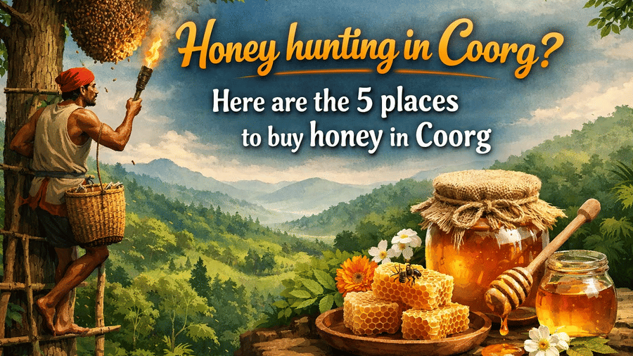 Illustration depicting honey hunting in Coorg, highlighting traditional forest honey and beekeeping heritage.