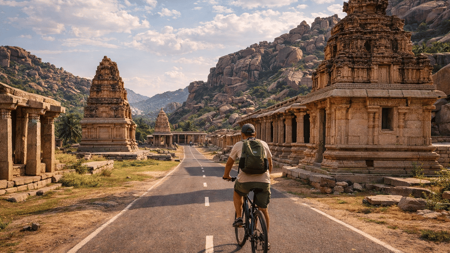 Cycling in Hampi through temple ruins