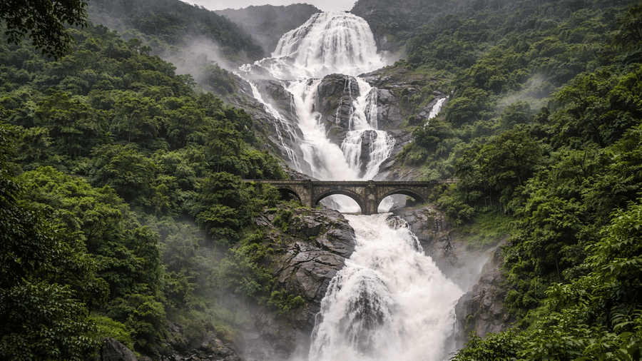 Dudhsagar waterfall flowing through Western Ghats mountains