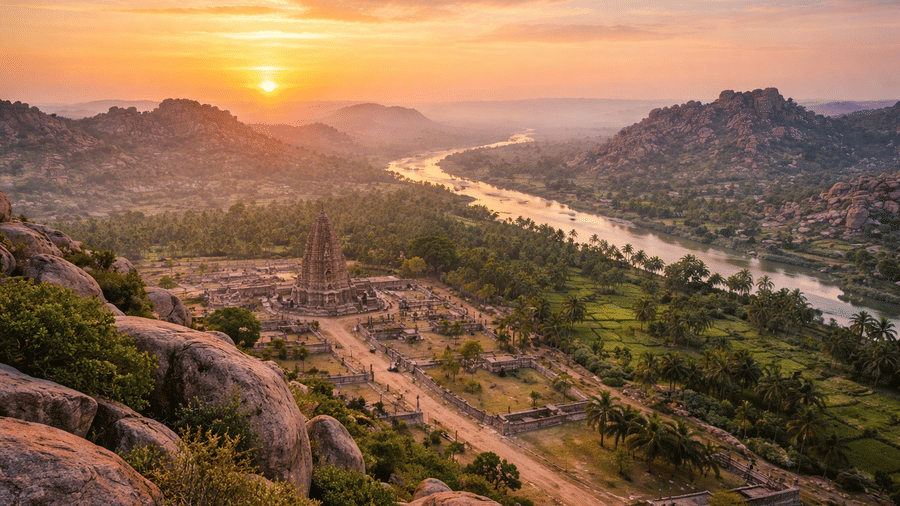 Hampi ruins view from Matanga Hill sunrise