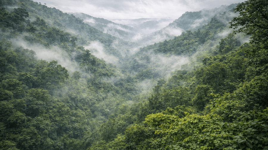 Nature Trails Durshet during monsoon season with misty hills