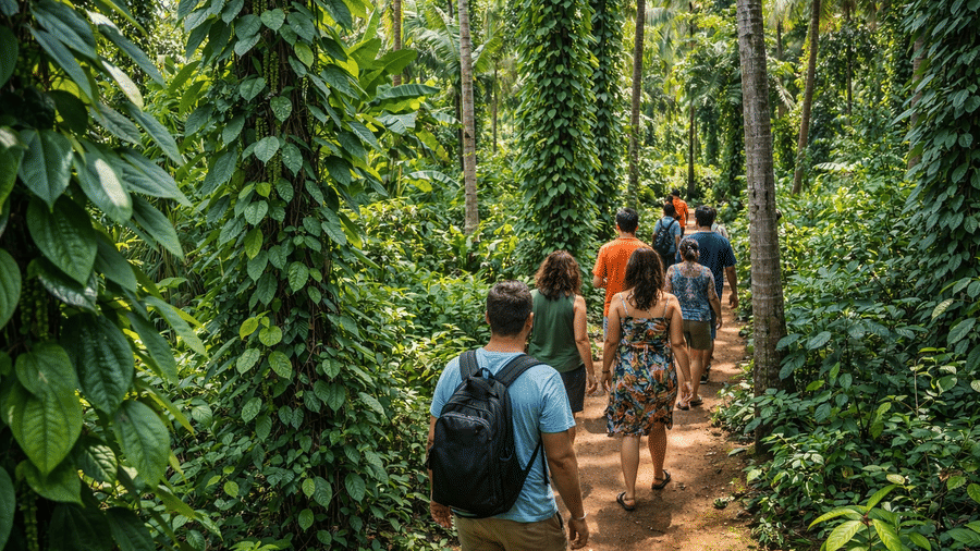 Visitors walking through Goa spice plantation farm
