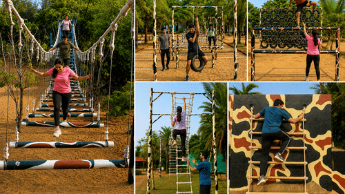 Collage showing guests taking on an outdoor obstacle course with a rope bridge, monkey bars, climbing frames and a tyre climbing wall nearby.