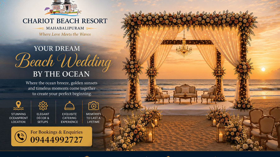 Beach wedding setup with a floral decorated mandap and ocean sunset backdrop at Chariot Beach Resort, Mahabalipuram, perfect for dream weddings.