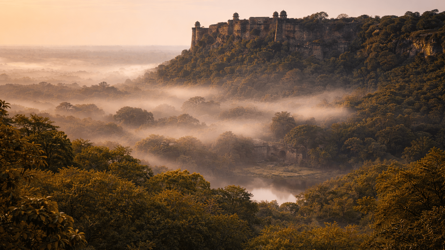 Misty forest landscape and lake at sunrise in Ranthambore National Park, Rajasthan, surrounded by dense wilderness.