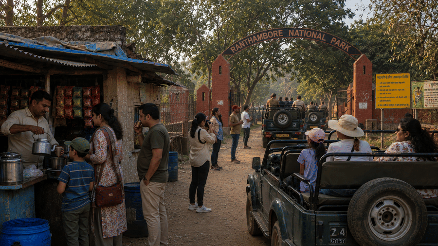 Early morning safari crowd and jeeps gathering at the entrance of Ranthambore National Park for a wildlife adventure.