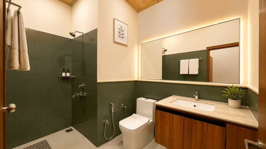 Bathroom with green tiled walls, walk-in shower, toilet, backlit mirror, and vanity sink at Summit Rungkhung Village Resort.
