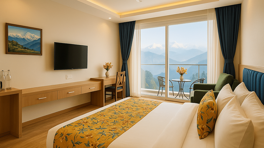 Side view of King Executive View Room With Balcony featuring a cosy bed, wall-mounted TV, and a large window at Summit Norling Resort & Spa, Gangtok
