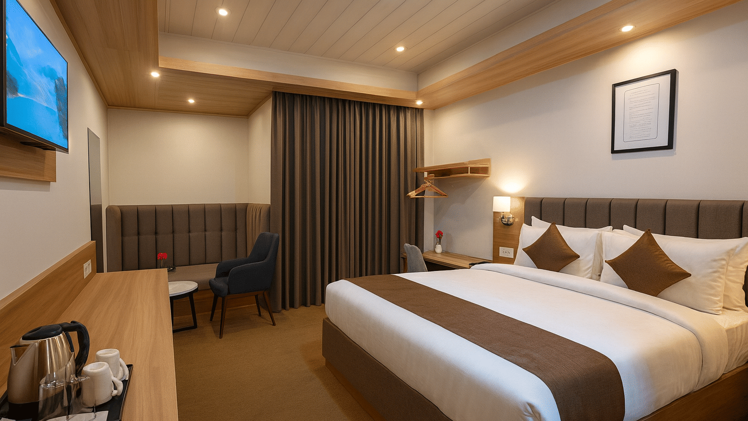 Luxury hotel room in Gangtok featuring a king-size bed with crisp linens, warm wooden interiors, modern amenities, and premium lighting for a comfortable stay