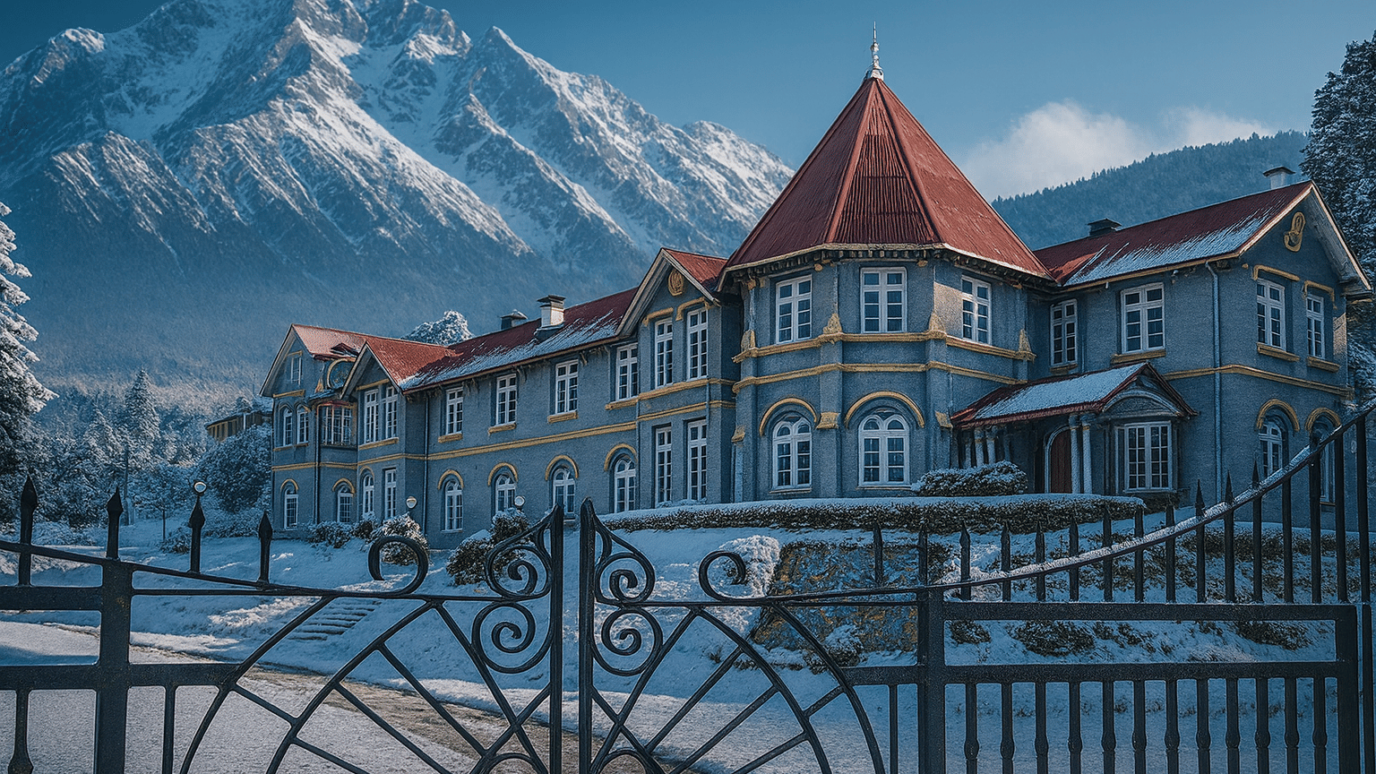 Historic colonial building in Kurseong with red roof, snow-covered ground, and Himalayan mountains in winter season — popular heritage attraction in Darjeeling, West Bengal