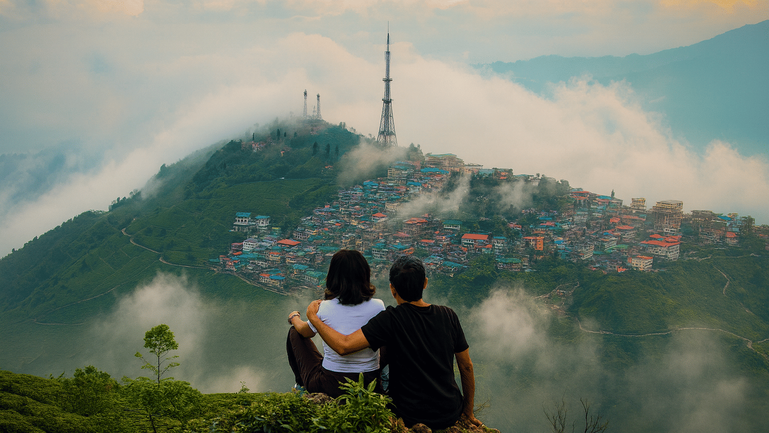A couple sitting on a hilltop overlooking the misty mountains and colorful cityscape of Kurseong, with clouds floating over the valley, creating a premium and aesthetic morning vibe.