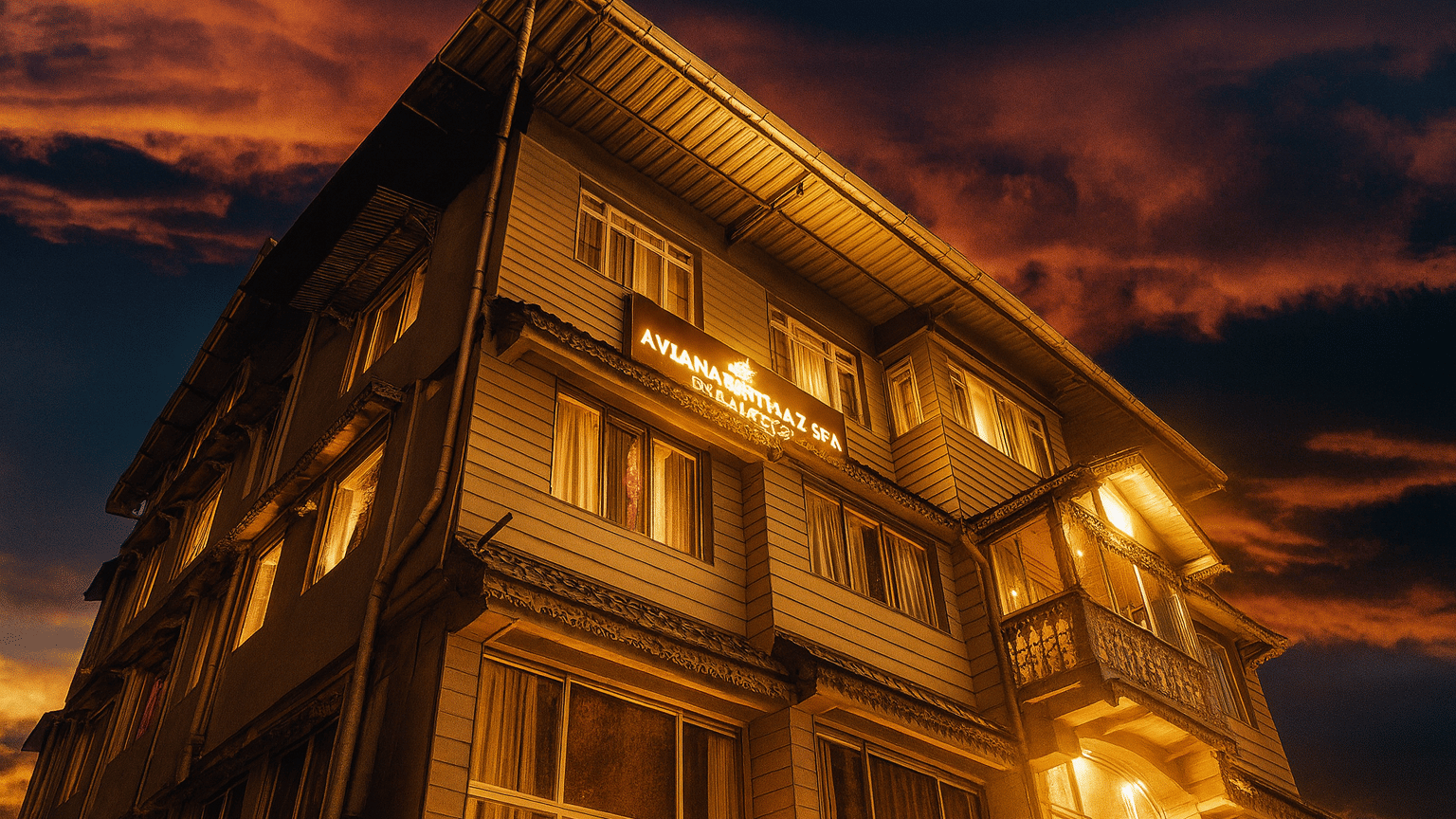 Heritage-style Avianna Seven Seas Hotel in Darjeeling with warm luxury lighting against a dramatic evening sky