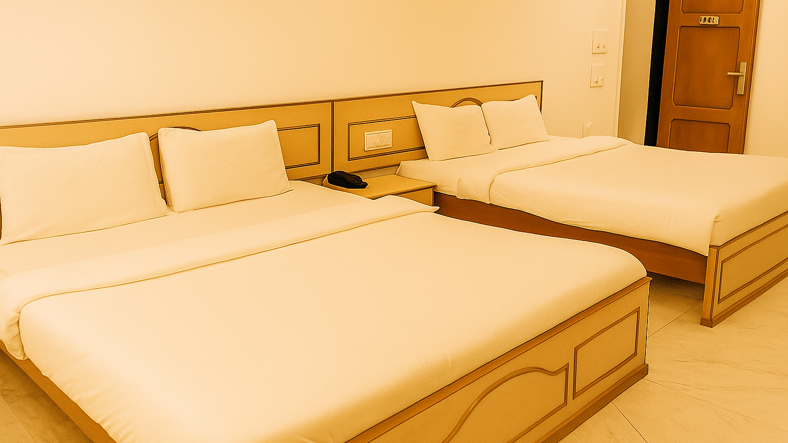 Brightly lit Deluxe Family Room at Ecotel Vinayak, Siliguri featuring multiple double beds and inviting wooden interiors. 