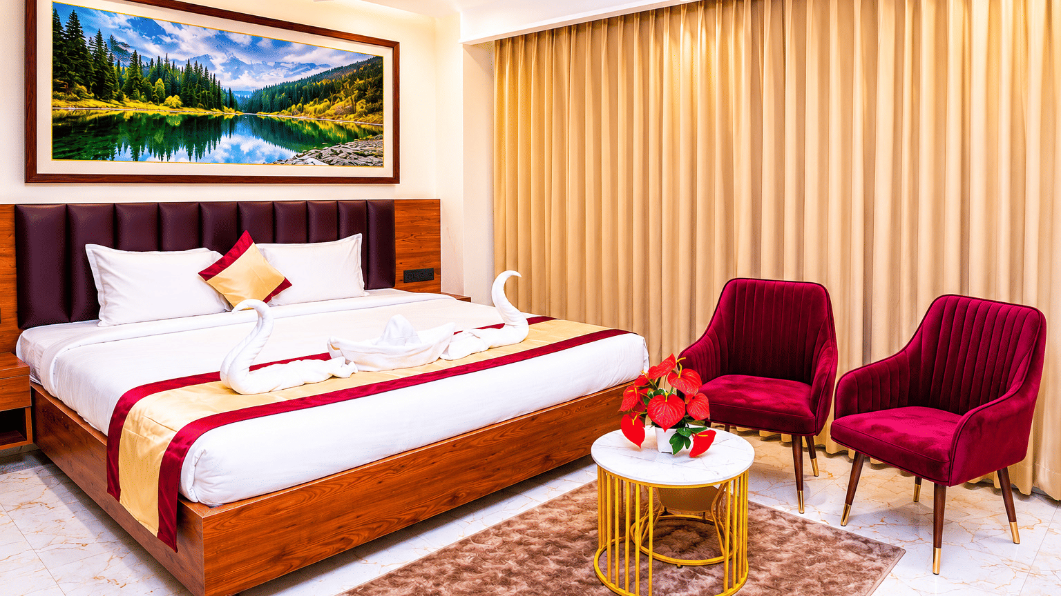 A spacious Executive Room at Hotel Galadari featuring a bed with towel swans, a seating area with 2 chairs, and a nature painting on the wall.