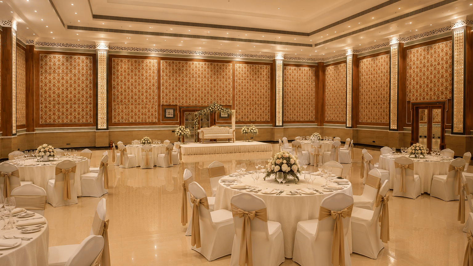 Banquet hall with round dining tables, white chair covers with gold sashes, floral centrepieces and a stage with a sofa at MAYFAIR World Cup Village, Rourkela.