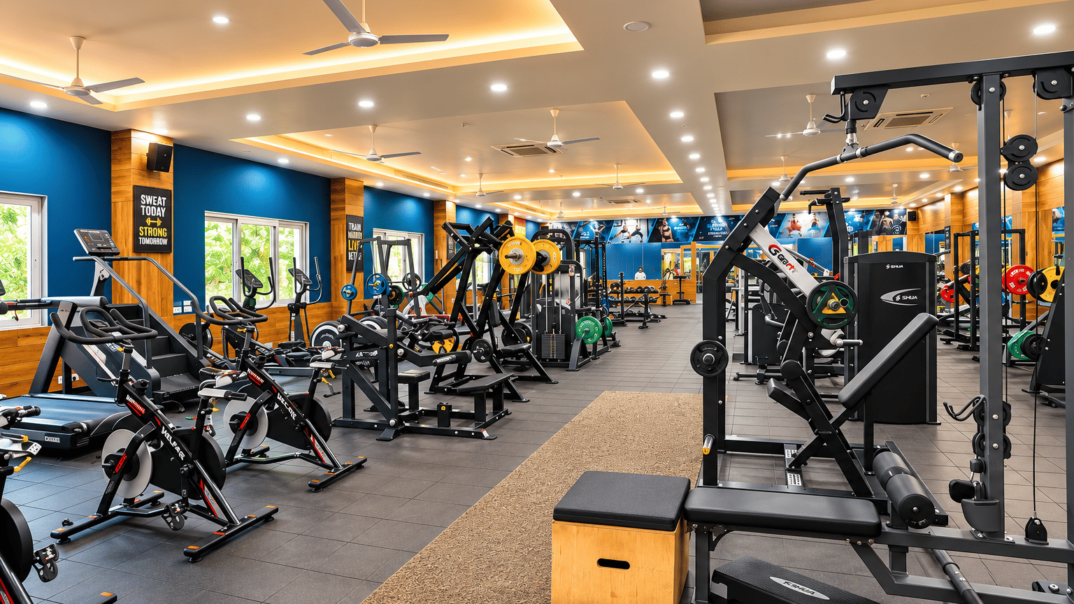Quantam Gym fitness centre with treadmills, exercise bikes, weight machines, barbells and motivational wall posters at MAYFAIR World Cup Village, Rourkela.