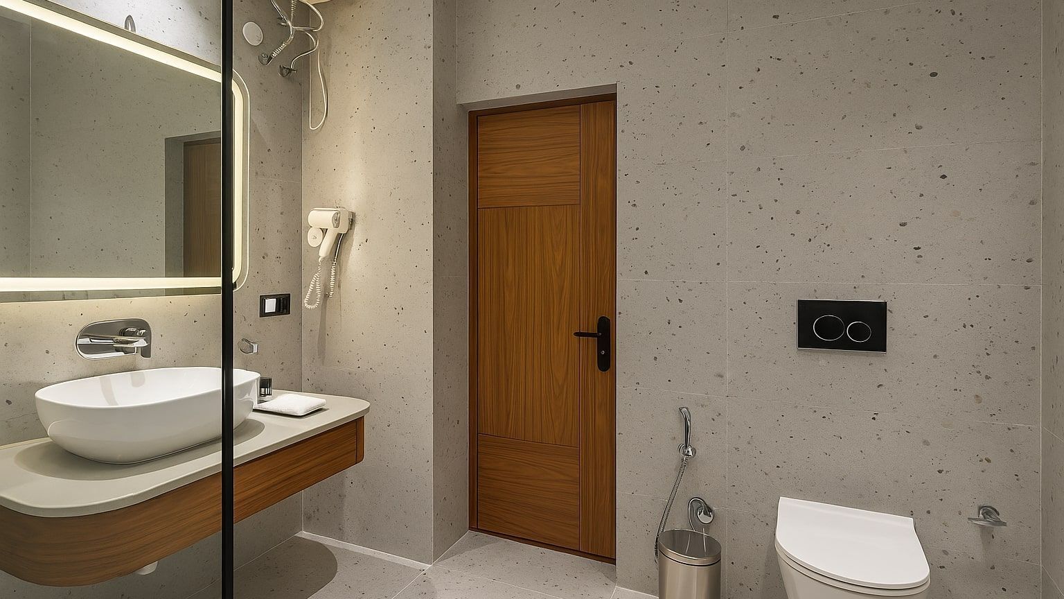A bathroom of Premium Ganges View Room at Summit by the Ganges Beach Resort and Spa, Rishikesh featuring a washbasin with faucet, mirror attached on the wall with lights, and a commode.