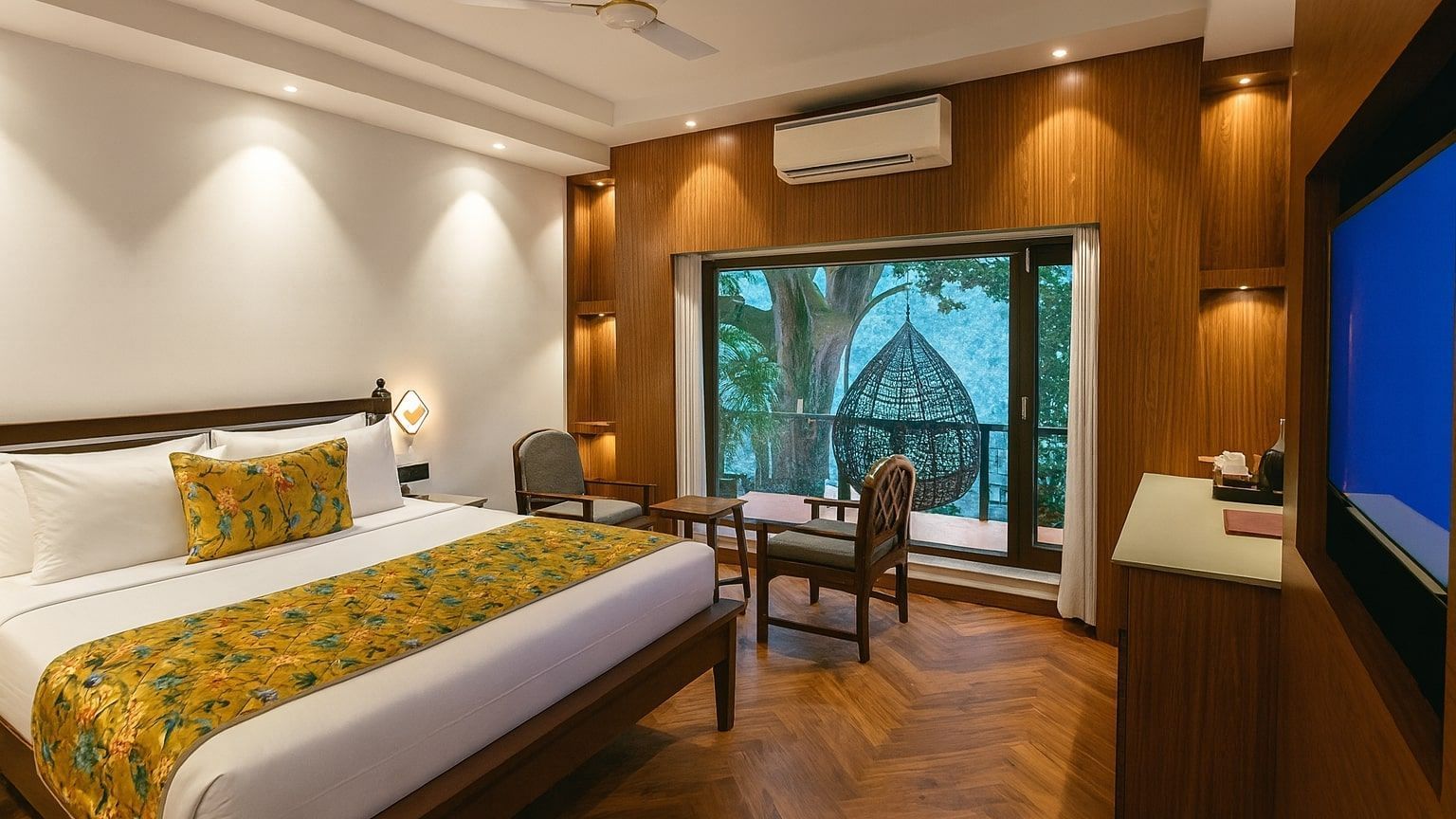 Premium Ganges View Room with Bathtub at Summit by the Ganges Beach Resort and Spa, Rishikesh featuring a double size bed, a sitting area with chairs and centre table, a cabinet table, a flat TV screen, an AC, and a balcony attached which has a chair place