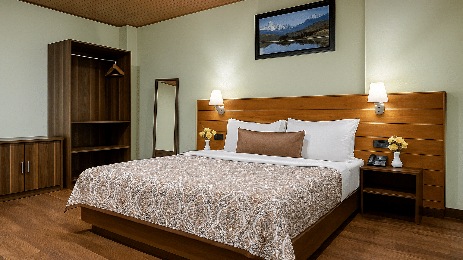 A neatly arranged hotel room at Summit Enigma Resort & Spa features a large bed with a patterned duvet, a wooden headboard, bedside tables with lamps, an open wardrobe, and a framed landscape picture above the bed.