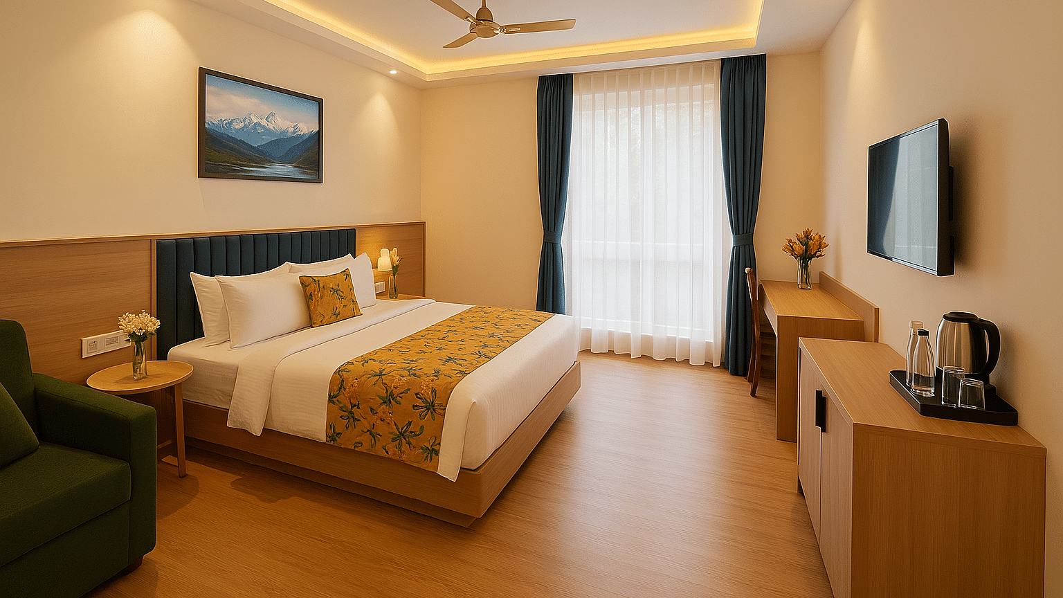 Side view of King Executive Room with a cosy king sized bed, wall-mounted TV, and elegant ceiling design at Summit Norling Resort & Spa, Gangtok