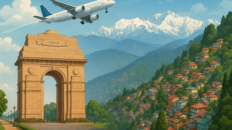 A stunning digital artwork showing an airplane flying over India Gate in Delhi, transitioning into the scenic mountain city of Darjeeling with colorful hillside houses and snow-capped Kanchenjunga peaks in the background.