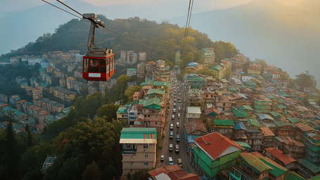 A aerial view of Gangtok city with a red cable car gliding over colorful hillside buildings and winding roads, surrounded by lush green forests and misty Himalayan mountains