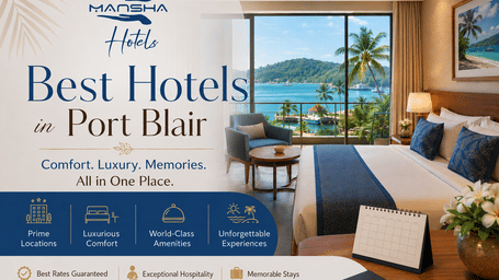 A creative to choose best hotels in port Blair, featuring a bedroom with a large bed, spreads, pillows, balcony, furniture in the backdrop, and necessary details in the front.
