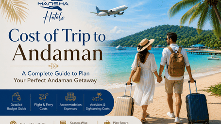 A creative for trip guide to Andaman & Nicobar, featuring a couple with suitcases, a flight in the sky, and other details regrading the trip.