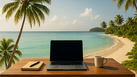 A serene tropical beach setting with a wooden table in the foreground. On the table are a laptop, a notebook with a pen, and a coffee mug, suggesting a remote work setup. In the background, clear turquoise water, white sandy beach, and lush palm trees crea
