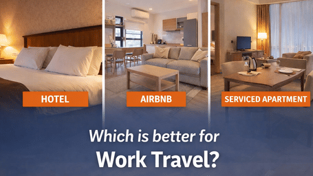 A creative of a comparison of hotel, airbnb, and serviced apartment rooms highlighting options for business travel accommodations