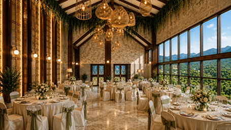Indoor banquet room set with round dining tables, chairs, and table floral decorations beneath high ceiling lighting.