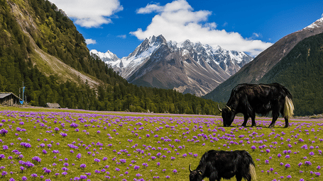 A serene alpine meadow dotted with purple flowers, where yaks graze peacefully under a clear blue sky with towering snow-capped mountains in the distance.