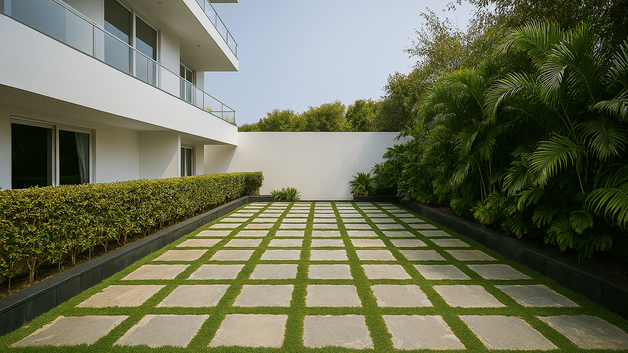 An outdoor courtyard with stone pavers, grass inserts, and green foliage at BluSalzz Collection - Casa Onze, Arpora.