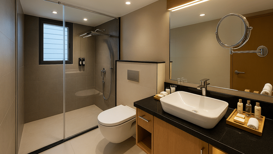 A modern bathroom with a glass shower enclosure, a toilet, and a vanity counter at BluSalzz Collection - Casa Onze, Arpora.