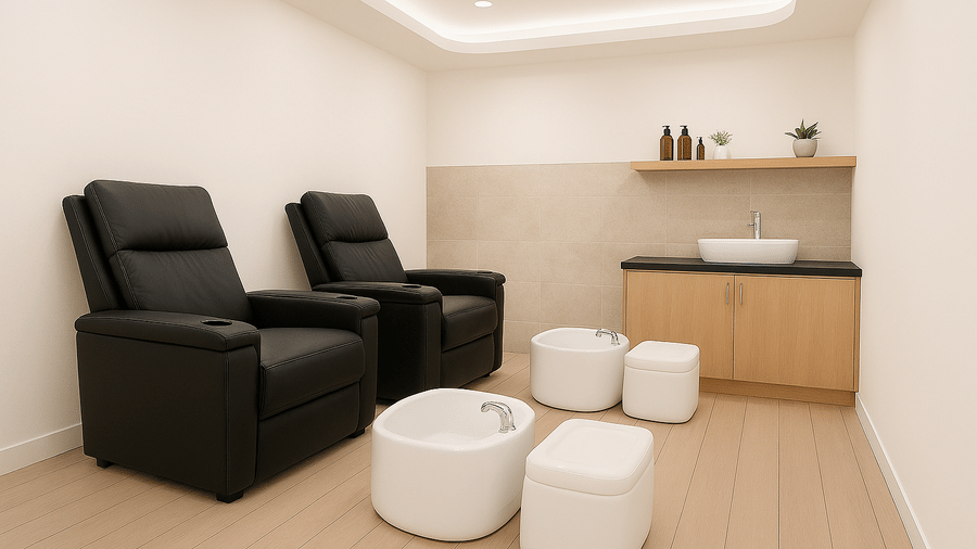 2 recliners and foot basins in a salon room at BluSalzz Collection - Casa Onze, Arpora.