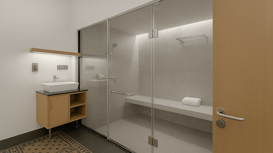 A shower room featuring glass walls, a bench, and a separate sink at BluSalzz Collection - Casa Onze, Arpora.