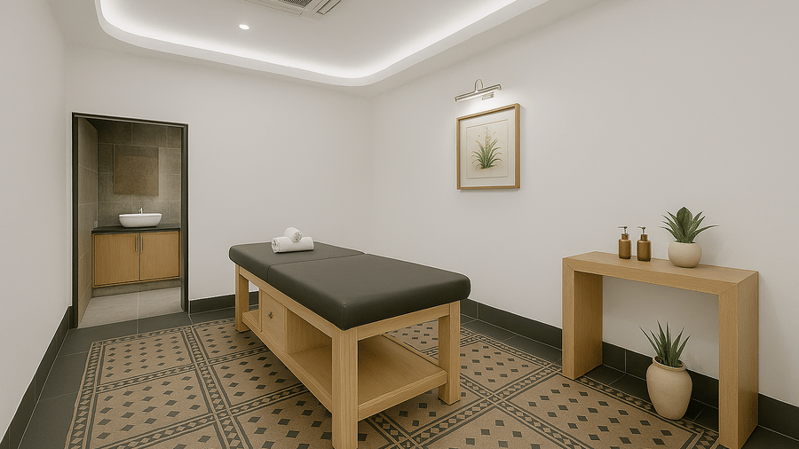 A massage bed inside a spa room with patterned flooring at BluSalzz Collection - Casa Onze, Arpora.