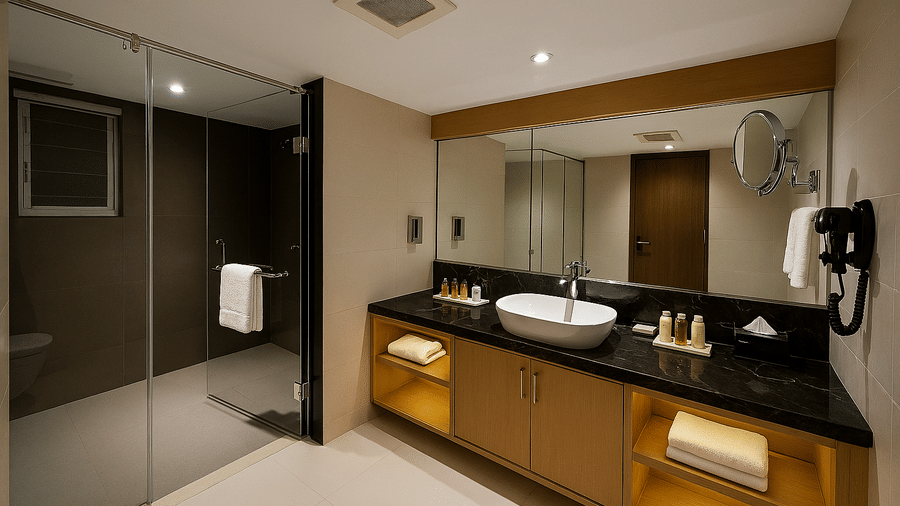 A modern bathroom with a long vanity counter, sink, and mirror at BluSalzz Collection - Casa Onze, Arpora.
