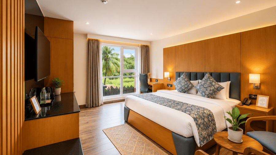 A deluxe king bedroom featuring wooden panelling at BluSalzz Collection - Casa Onze, Arpora.
