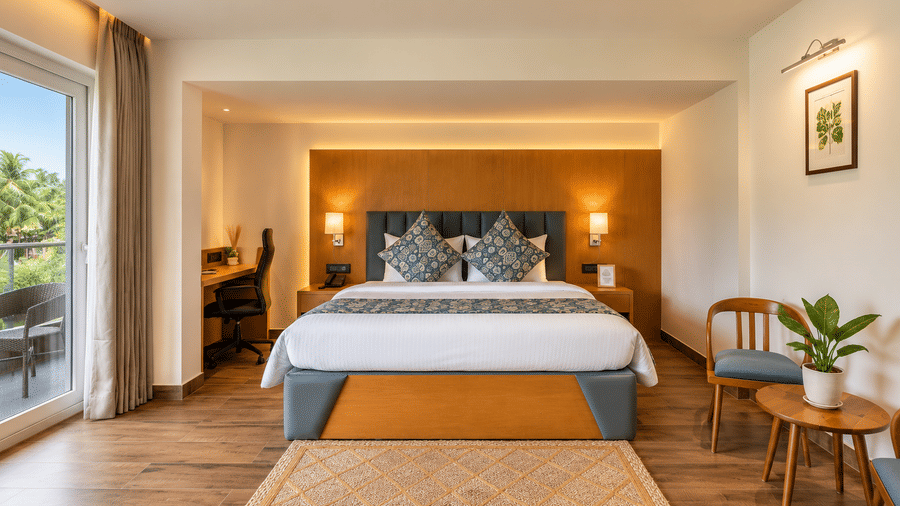An elegant king suite with warm ambient lighting at BluSalzz Collection - Casa Onze, Arpora.