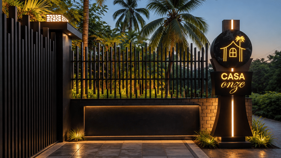 An illuminated entrance gate welcome sign at BluSalzz Collection - Casa Onze,