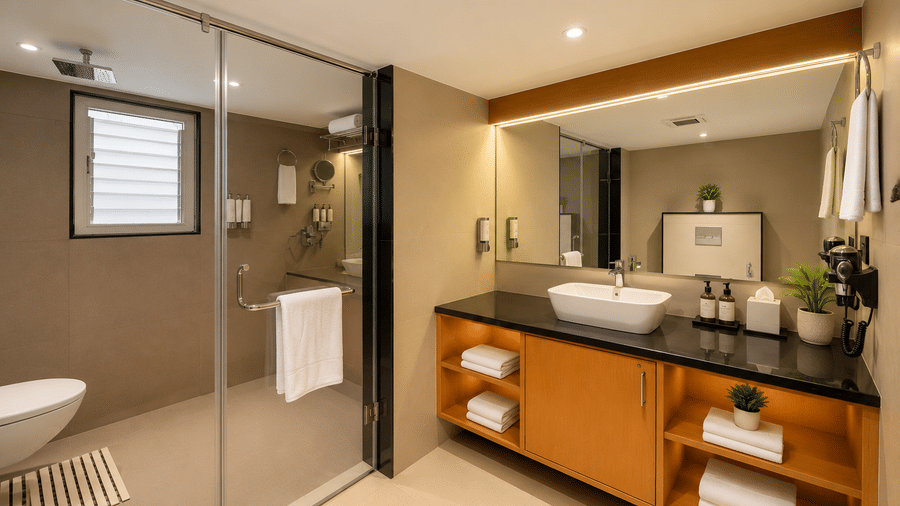 A luxury bathroom with a large vanity counter and shower cubicle at BluSalzz Collection - Casa Onze, Arpora.
