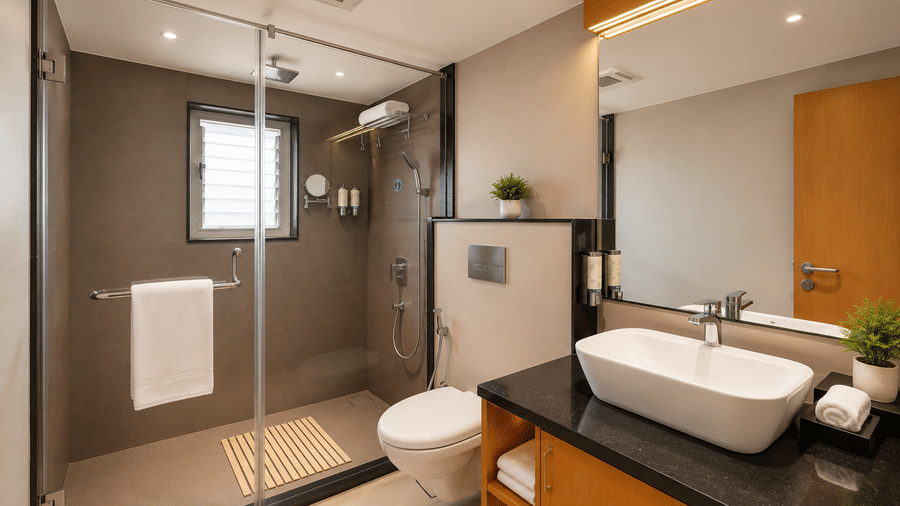 A contemporary bathroom with a vessel sink and glass shower at BluSalzz Collection - Casa Onze, Arpora.