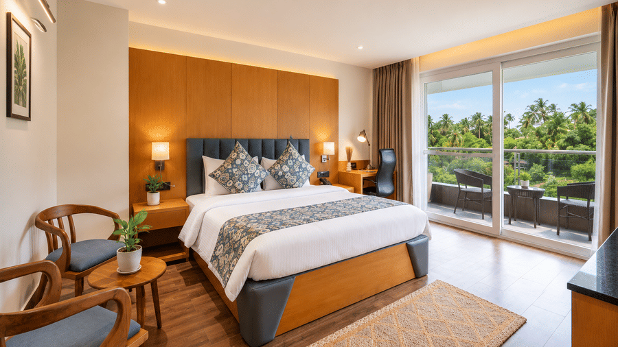A sunlit bedroom with a king bed and glass doors opening to a balcony at BluSalzz Collection - Casa Onze, Arpora.