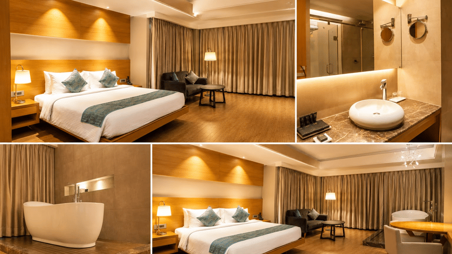 Collage showing the bedroom, bathroom, vanity, and lounge area of the Royal Club Room at Kiranshree Grand Hotel.