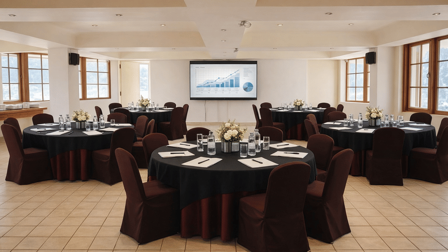Banquet hall featuring cluster seating arrangement with several sets of tables and chairs, audio equipment, ceiling lights, and more.